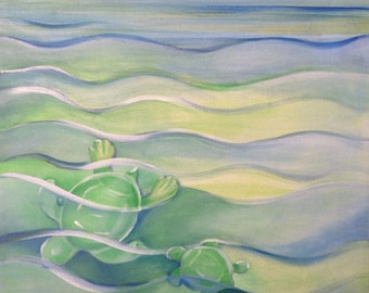 Turtles swimming left towards mermaid, giclee print, image size 9 3/4"W  x 12 1/2"W
