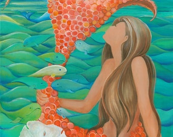 Brown hair mermaid holding red orange tail among fish sitting in the blue green water