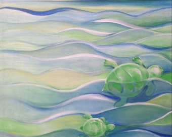 Turtles swimming right towards mermaid, giccle image size 10"x14"