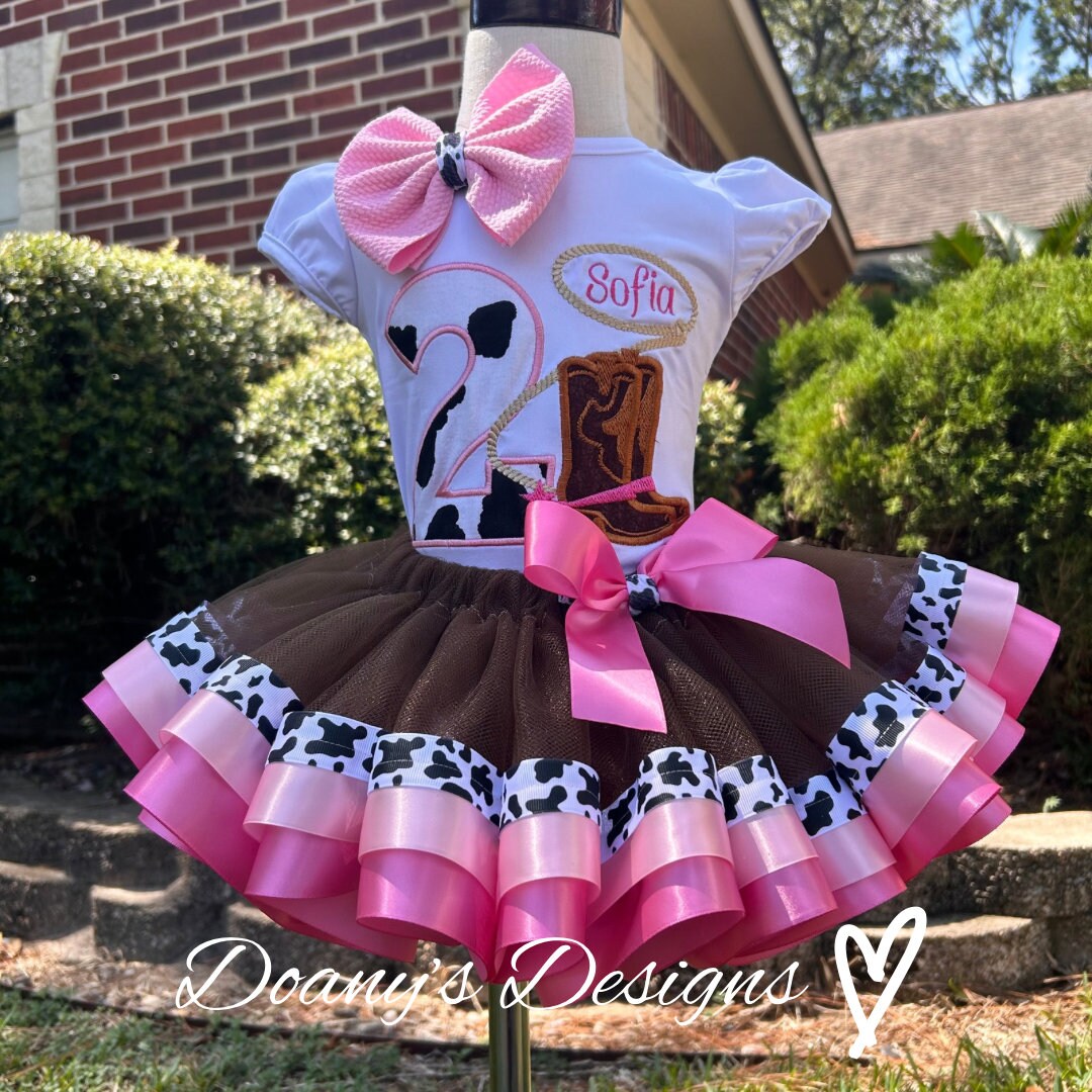 Western Baby Girl Birthday Outfit - Letter Sweatshirt & Tassel Skirt With Fuzzy Feather Trim Cowgirl Set