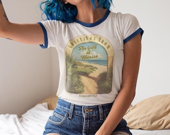 Retrogroeten uit de Golf van Mexico, uniseks vintage esthetiek subtiel anti-troefverzet T-shirt, cadeau voor democraat