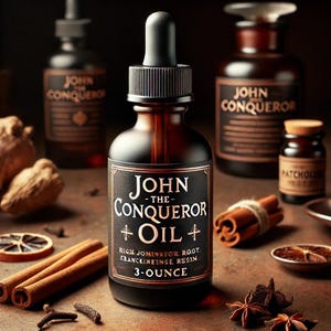 Może przedstawiać: Ciemnobrązowa szklana butelka z kroplomierzem i czarną etykietą z napisem "John - The Conqueror + Oil + High Jominnor Root Frankincense Resin 3-ounce". Butelka stoi na brązowej powierzchni z cynamonowymi patyczkami, anyżem gwiazdkowym i innymi przyprawami.