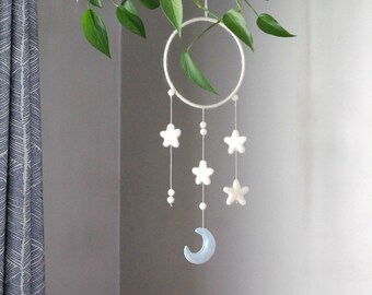 Moon and Star Dream Catcher. Nursery Wall Decor. Children's Bedroom Mobile. Blue Moon Decor.