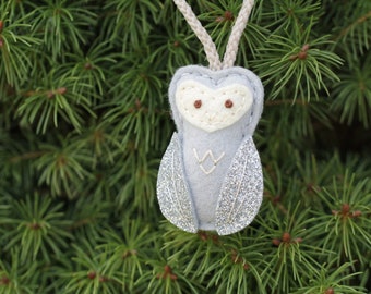 Silver Mini Owl Ornament. Felt Christmas Ornament.