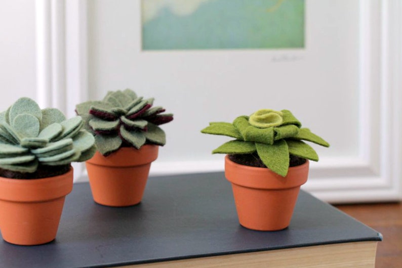 Fake Felt Succulent Sculpture, Small Artificial Potted Plant for Dorm Decor, Office Cubicle, or Apartment Decor Handmade by OrdinaryMommy image 4
