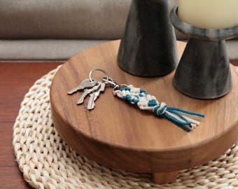 Two Color Macrame Key Chain. Turquoise Key Clip. Women's Boho Accessory. Bohemian Keychain.