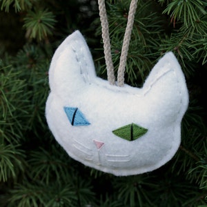 Cat Christmas Ornament Embroidered. White Cat Multi Colored Eyes in Blue and Green. Felt Cat Head Christmas Ornament for Cat Lover image 2