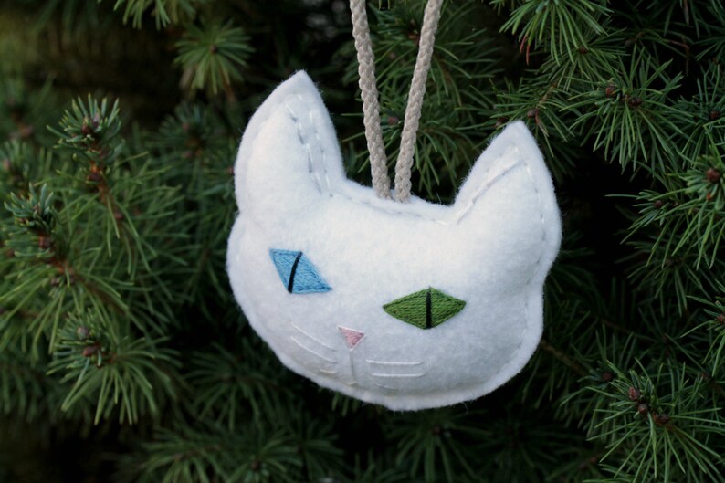 Cat Christmas Ornament Embroidered. White Cat Multi Colored Eyes in Blue and Green. Felt Cat Head Christmas Ornament for Cat Lover image 2