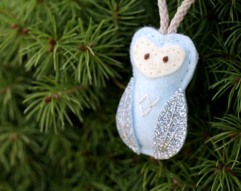 Mini Felt Owl Ornament in Blue. Baby Christmas Ornament.