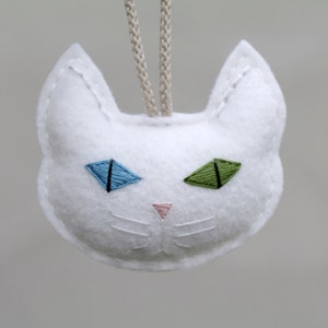Cat Christmas Ornament Embroidered. White Cat Multi Colored Eyes in Blue and Green. Felt Cat Head Christmas Ornament for Cat Lover image 3