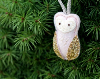 Mini Owl Ornament. Pink Felt Christmas Ornament. Glitter Woodland Ornament.