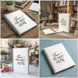 May include: Four white spiral notebooks with the text "Your design here" written in black cursive on each. The notebooks are on different surfaces, including a wooden table, a blue surface, and a table with flowers.