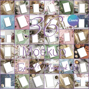 Op de afbeelding: Een collage van 36 spiraalgebonden notitieboekjes, elk met blanco witte pagina's en zilveren binding, gerangschikt in verschillende mock-up scènes. De afbeelding bevat bloemstukken, kaarsen en andere decoratieve elementen. Tekst op de afbeelding luidt "36 Mockup Spiral Notebook (2)" en "Canva".