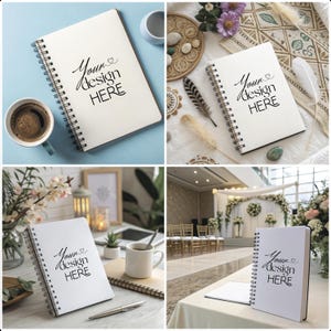 May include: Four white spiral notebooks with the text "Your design here" on the front cover. The notebooks are on different backgrounds, including a blue surface, a white surface with a decorative rug, a wooden table with a plant, and a white floor in a wedding venue.