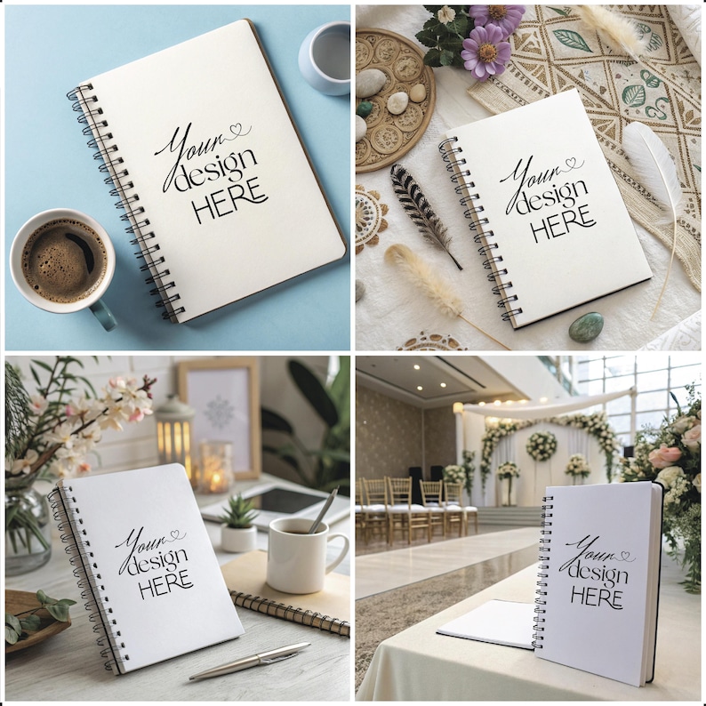 May include: Four white spiral notebooks with the text "Your design here" on the front cover. The notebooks are on different backgrounds, including a blue surface, a white surface with a decorative rug, a wooden table with a plant, and a white floor in a wedding venue.