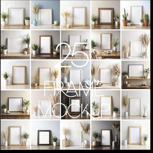 Pode incluir: Uma colagem de 25 maquetes de molduras diferentes, apresentando vários estilos e tamanhos de molduras, com diferentes elementos de plantas e decoração em cada moldura. As molduras estão todas vazias e prontas para suas próprias obras de arte ou fotos.