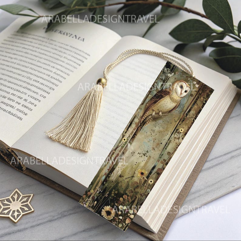 May include: A decorative bookmark featuring a detailed illustration of a barn owl perched on a branch, with a beige tassel and gold bead. The bookmark is placed in an open book. The text "ARABELLADESIGNTRAVEL" is visible.