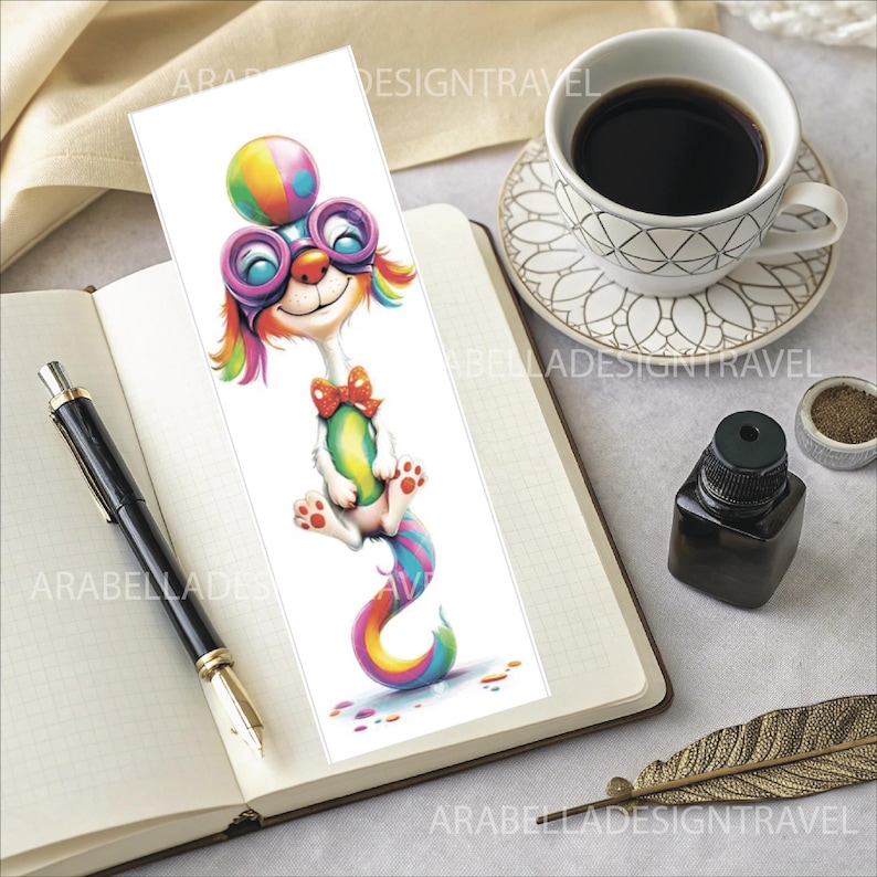 May include: A colorful bookmark featuring a cartoon character with rainbow hair, glasses, and a bow tie. The character is holding a colorful egg-shaped object. The bookmark is on a notebook next to a pen, a cup of coffee, and an ink bottle.
