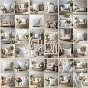 May include: A collection of 36 white throw pillows in various settings, including living rooms, bedrooms, and outdoor spaces. The pillows are arranged on couches, chairs, beds, and floors. Some pillows have decorative patterns, while others are plain white.
