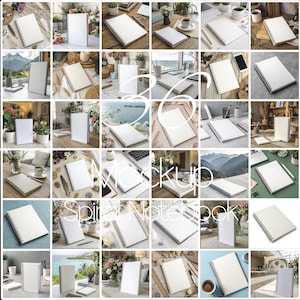 Könnte beinhalten: 36 Mockup-Bilder eines weißen Spiralblocks in verschiedenen Umgebungen, darunter ein Schreibtisch, ein Couchtisch, ein Bett und ein Strand. Der Block ist leer und bereit für Ihr Design.