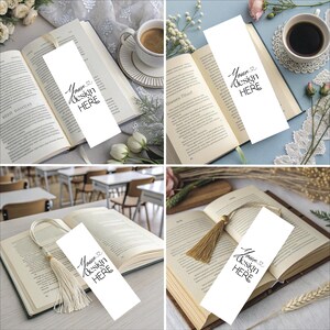 May include: Four images showcasing open books with white bookmarks. Each bookmark has the text "Your design HERE" in black script. Some images include coffee cups, flowers, and decorative elements, suggesting a reading or study theme.
