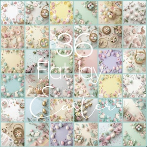 Op de afbeelding: 36 platte lay-Easter-afbeeldingen met pastelkleuren, bloemmotieven, eieren, konijnen en manden. De afbeeldingen zijn perfect om social media-inhoud, blogberichten of websitegraphics te maken.