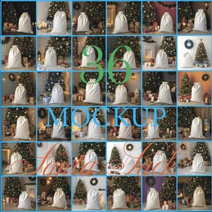 May include: A mockup of 36 off-white drawstring gift bags, each filled and tied, arranged in a grid. The bags are set against a backdrop of Christmas trees, presents, and festive decorations, creating a holiday theme.