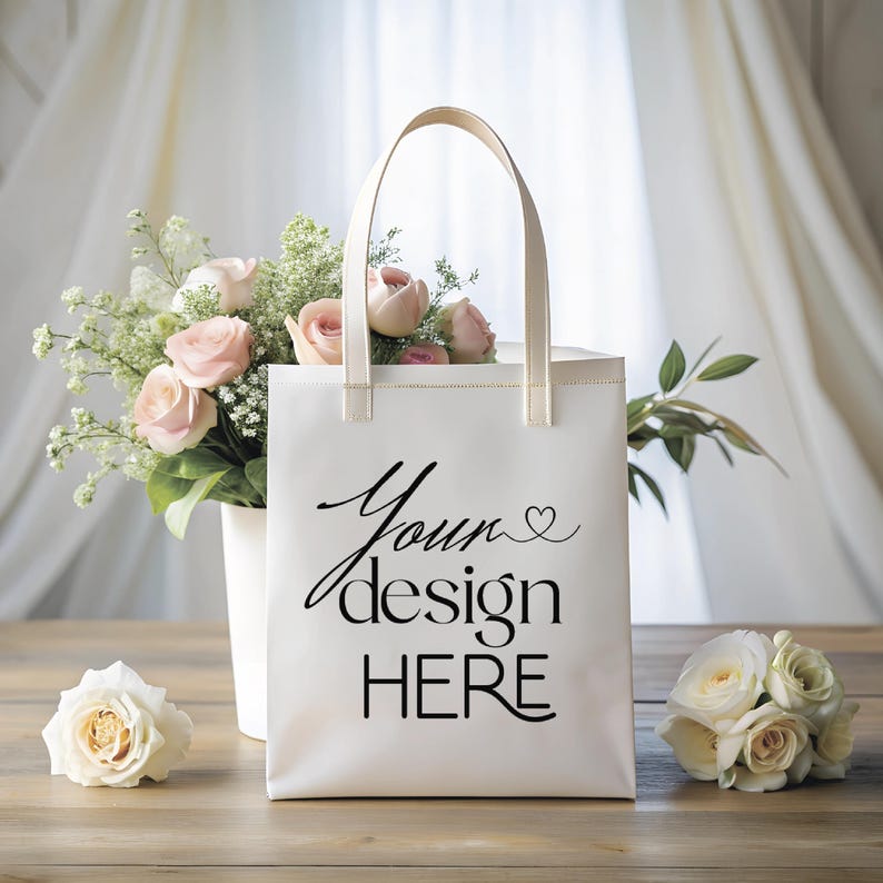 Puede incluir: Bolsa de lona blanca con el texto "Your design HERE" en negro. La bolsa est&aacute; sobre una mesa de madera con flores rosas y blancas.