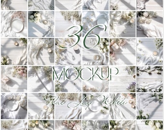 May include: A collection of 36 white flat lay mockups with various floral arrangements, candles, and fabric drapes. The text "36 MOCKUP Flat Lay White" is displayed in a soft green font, creating a clean and elegant aesthetic.