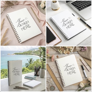 May include: Four images of a white spiral bound notebook with black text that says "Your design here" on a white background. The notebooks are on different surfaces, including a pink fabric, a white table, a wooden table, and a table with a view of the ocean.