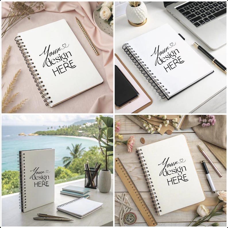 May include: Four images of a white spiral bound notebook with black text that says "Your design here" on a white background. The notebooks are on different surfaces, including a pink fabric, a white table, a wooden table, and a table with a view of the ocean.