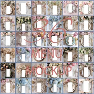 Puede incluir: Una cuadrícula de 36 maquetas de menú, cada una con un cubierto y una tarjeta de menú blanca. Los cubiertos incluyen platos, cubiertos y arreglos florales en varios colores. El texto "36 MENU MOCKUP" está superpuesto.