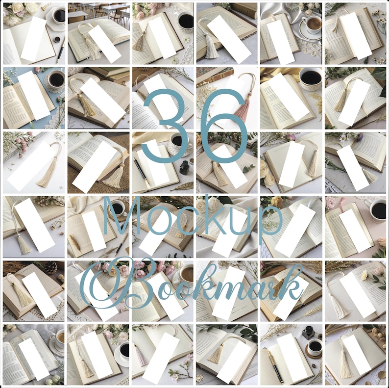 May include: A composite image featuring 36 mockups of bookmarks. Each mockup shows a white bookmark laid across the open pages of a book, with a tassel. The image includes coffee cups, pens, and floral accents.