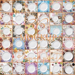 May include: A grid of 36 white paper plates, each centered in a different decorative setting. The word "MOCKUP" is written in orange script, with "Paper plate" below it. The backgrounds include flowers, balloons, and other festive items.