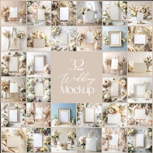 32 Bundle di mockup di inviti in stile matrimonio, mockup di cartelli su cavalletto, numeri di tavolo, bacheca, biglietti, borse tote, cornici, foto stock in stile fotografia,