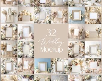 May include: A collection of 32 wedding mockups featuring various frames, canvases, tote bags, and other blank templates surrounded by flowers and other decorative elements.