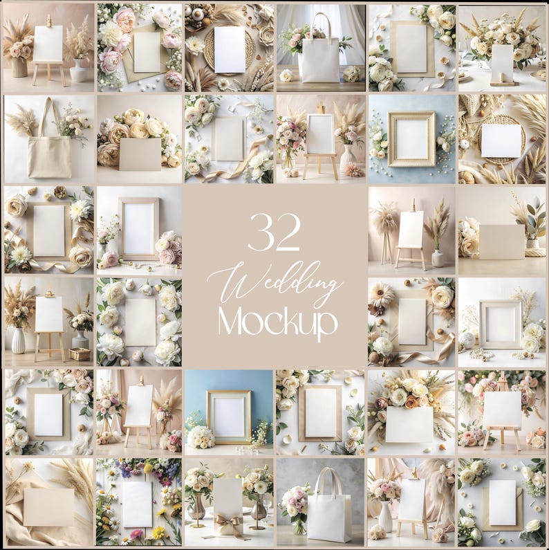 Puede incluir: Una colecci&oacute;n de 32 maquetas de boda con varios marcos, lienzos, bolsas de mano y otras plantillas en blanco rodeadas de flores y otros elementos decorativos.