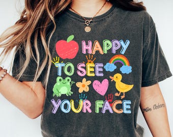 Comfort Colors Teacher T-Shirt, Happy To See Your Face Shirt, Doodle Stars Tee, School Matching Apparel, Back To School Outfit
