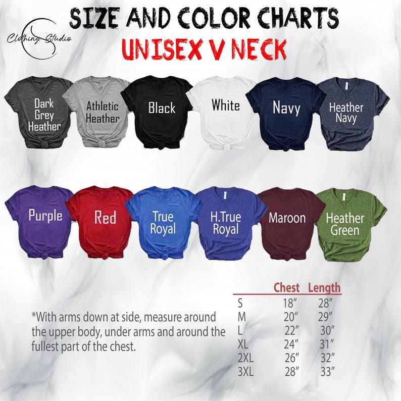 K&ouml;nnte beinhalten: Eine Farbkarte f&uuml;r Unisex-V-Ausschnitt-T-Shirts, die verschiedene Farben wie Schwarz, Wei&szlig;, Marineblau und Grau meliert zeigt. Die Karte enth&auml;lt eine Gr&ouml;&szlig;entabelle mit Brust- und L&auml;ngenma&szlig;en in Zoll, von S bis 3XL. Der Text enth&auml;lt auch Anweisungen zur Brustmessung.