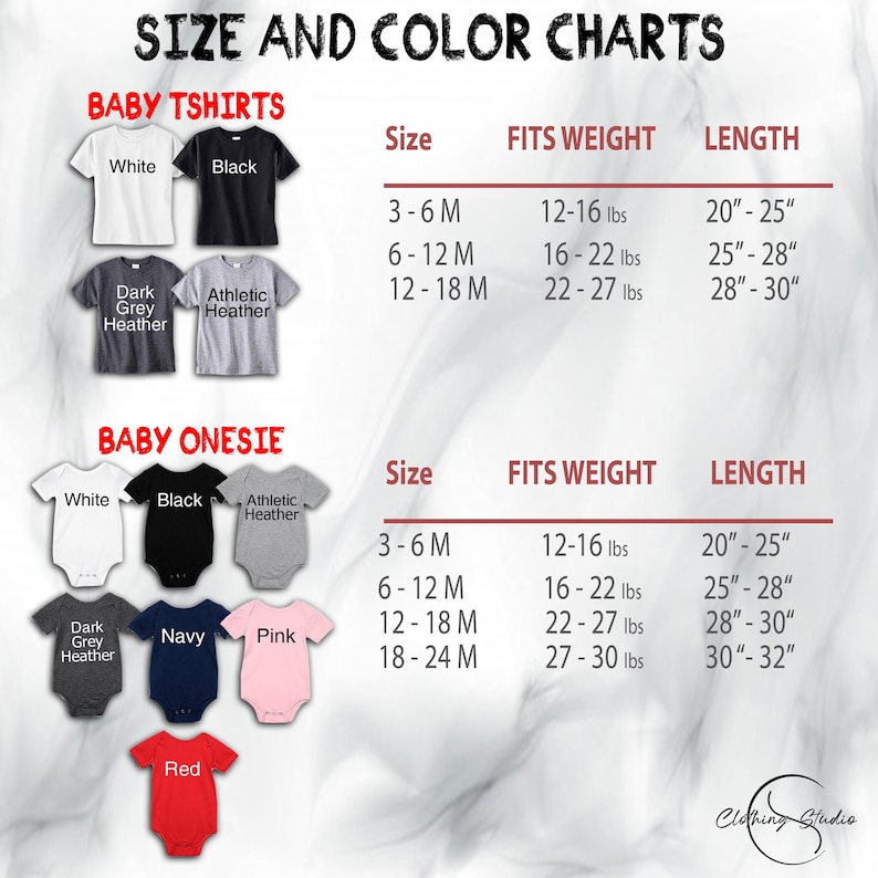 K&ouml;nnte beinhalten: Gr&ouml;&szlig;en- und Farbtabellen f&uuml;r Baby-T-Shirts und -Bodys. Die T-Shirts sind in Wei&szlig;, Schwarz, Dunkelgrau-Melange und Athletic-Melange erh&auml;ltlich. Bodys sind in Wei&szlig;, Schwarz, Athletic-Melange, Dunkelgrau-Melange, Marine, Pink und Rot erh&auml;ltlich.