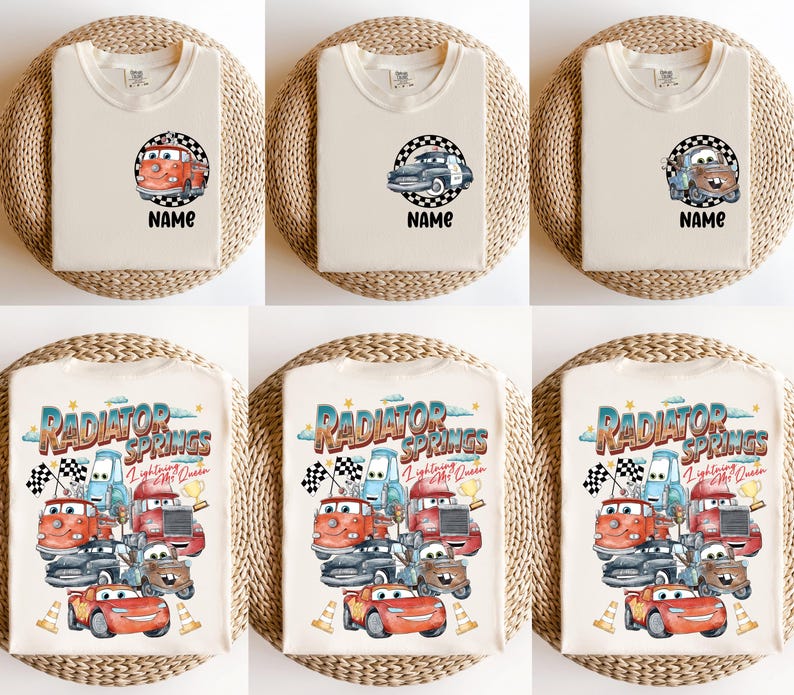 May include: Cream-colored t-shirts with various car-themed graphics. Some shirts feature a single car design with the word "NAME" below. Other shirts display a colorful illustration of multiple cars with the text "RADIATOR SPRINGS Lightning Mc Queen".