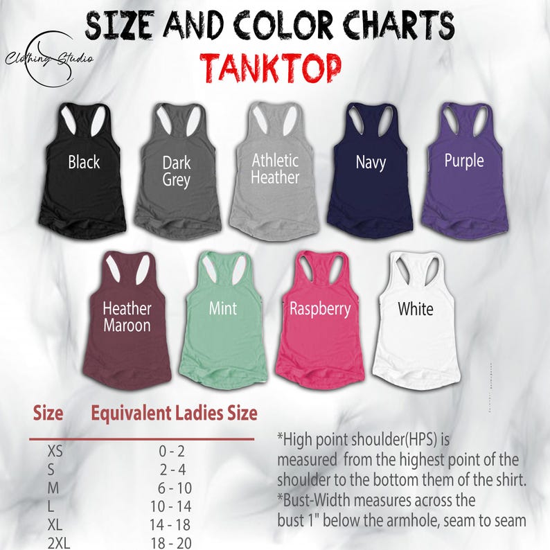 K&ouml;nnte beinhalten: Eine Farbtabelle f&uuml;r Tanktops mit Farben wie Schwarz, Marineblau und Lila. Die Tabelle enth&auml;lt Gr&ouml;&szlig;eninformationen von XS bis 2XL sowie entsprechende Damengr&ouml;&szlig;en. Der Text enth&auml;lt auch Messdetails, um die richtige Passform zu gew&auml;hrleisten.