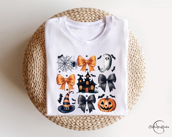 Retro Funny Halloween Coquette Spooky Pumpkin Shirt, Tee with bows Coquette pumpkin ghost orange black bows Preppy Halloween Girly cute Tee