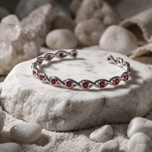 925 Sterling Silver Twisted Cuff Bracelet, Ruby Red CZ Stones, Adjustable Bangle