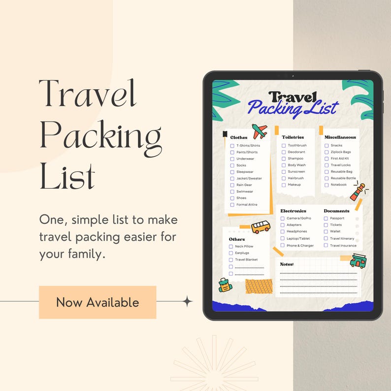 Travel Packing List Printable PDF — Vacation Checklist — Carry-on ...