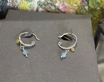 Mini sterling silver open hoops with aquamarine and tiny sapphire