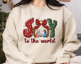Joy To The World Christian Christmas Sweatshirt, Retro Christmas Nativity Scene Jesus Sweatshirt, Christian Christmas Winter Song Sweatshirt