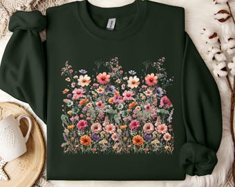 Vintage Pressed Flowers Sweatshirt, Boho Wildflowers Sweatshirt, Botanical Floral Crewneck Fairycore Wildflowers Sweatshirt Gift for Women