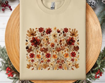 Vintage Pressed Flowers Sweatshirt, Boho Cottagecore Sweatshirt, Botanical Floral Crewneck Fairycore Wildflowers Sweatshirt Gift for Women