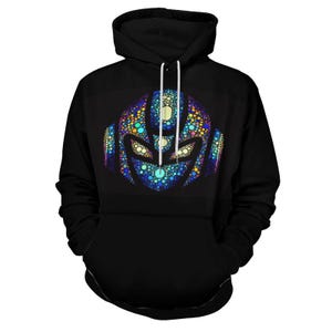 May include: Black hooded sweatshirt with a colorful pixelated design of a helmet. The helmet is made up of small circles in shades of blue, green, yellow, and purple.